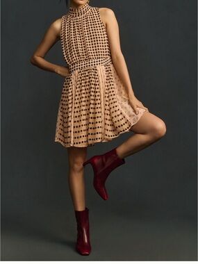 Anthropologie Pink Polka Dot Sleeveless High-Neck Dress